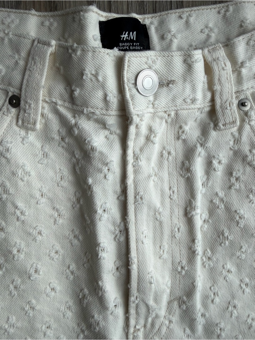 H&M Cream Baggy-Fit Men’s Jeans with Textured Floral Dots